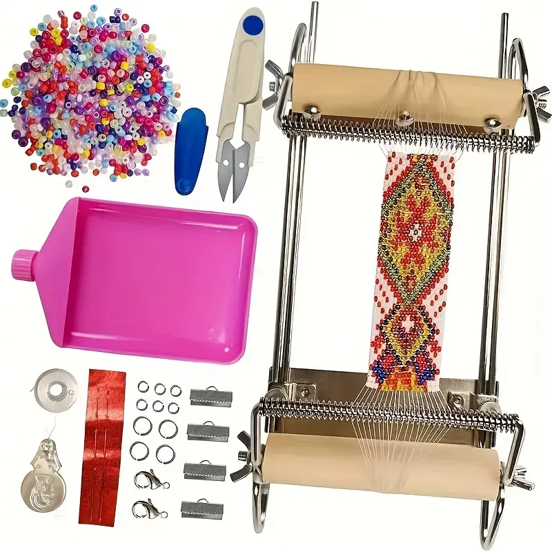 Complete DIY Jewelry Making Kit with Adjustable Bead Loom - Includes Colorful Seed Beads, Large Eye Needle, Pink Funnel Tray, Lobster Clasp, Jump Rings, and Bead Pad - Manual, No Electricity Needed, Jewelry Making Supplies