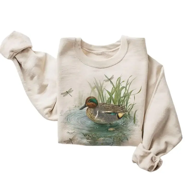 Women's Casual Cotton Hoodie - Retro 90's Green Winged Teal Duck Vintage Birdwatching Unisex Tops #DICH