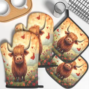4pcs Oven Mitts And Pot Holders  Highland Caw Heat Resistant Oven Mitts And Pot Holders Sets Suitable For Cooking, Home Oven, Baking, Kitchen Decoration, Housewarming Gifts