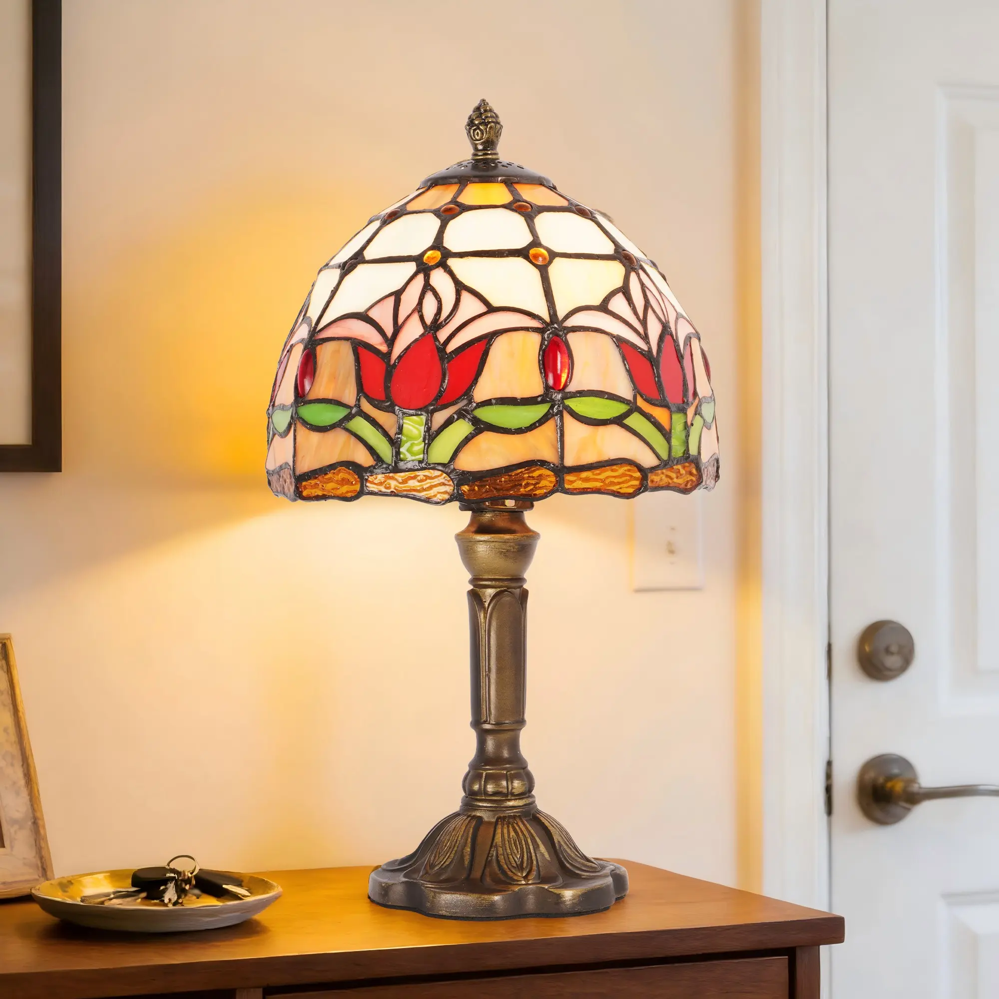 7.9 Inch Tiffany Style Tulip Stained Glass Table Lamp, Antique Bronze Resin Frame, E26 Base with Warm Light Bulb Included, In-Line Button Switch for Bedroom Living Room Home Office