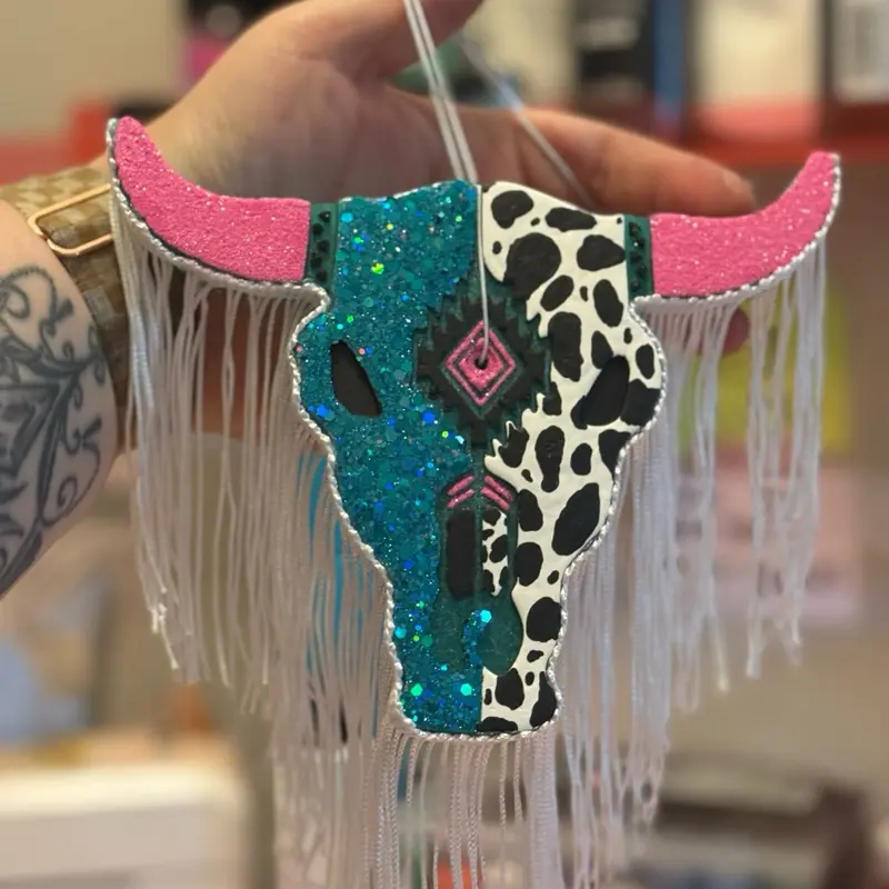 Boho Chic Fringe Cow Skull freshie- teal pink cow print - Sparkling Glitter Accents - Unique Western Style