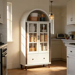 71" Handcrafted Arched Bookcase Cabinet with Glass Doors, Wooden Display & Storage Cabinet with Adjustable Shelves, Filing Cabinet for Home Office, Living Room or Dining Area, White