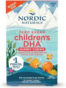 Nordic Naturals Zero Sugar Children’s DHA Gummy Chews, Tropical Punch - 30 Gummy Chews for Kids - 600 mg Total Omega-3s - Brain Development, Learning, Healthy Immunity - Non-GMO - 30 Servings