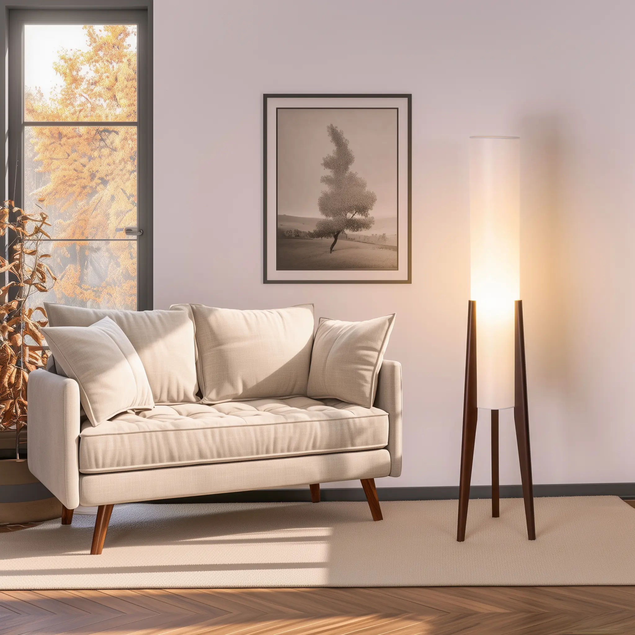 Walnut Tripod Floor Lamp, Modern Tall Standing Light with Adjustable Warm & Cool Modes for Living Room, Bedroom, Office