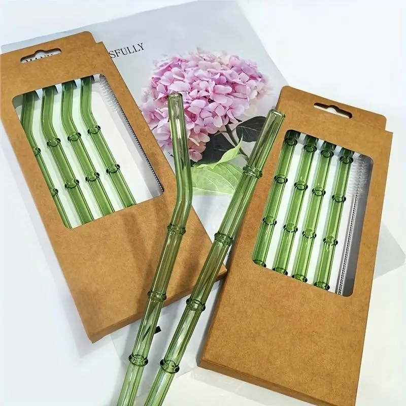 Reusable Bamboo Glass Straws Set of 8, High Borosilicate Glass Drinking Straws with Cleaning Brush, Ideal for Smoothies, Coffee, Cocktails, Straw Combo