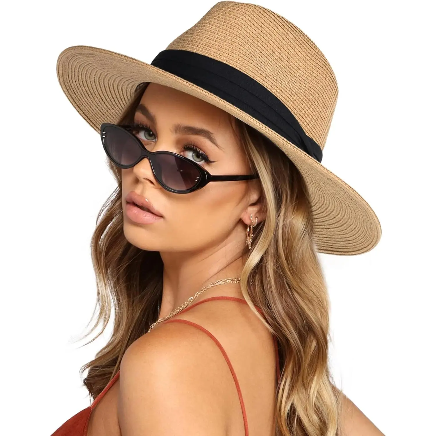FURTALK Womens Mens Wide Brim Straw Panama Hat Fedora Summer Beach Sun Hat UPF Straw Hat for Women