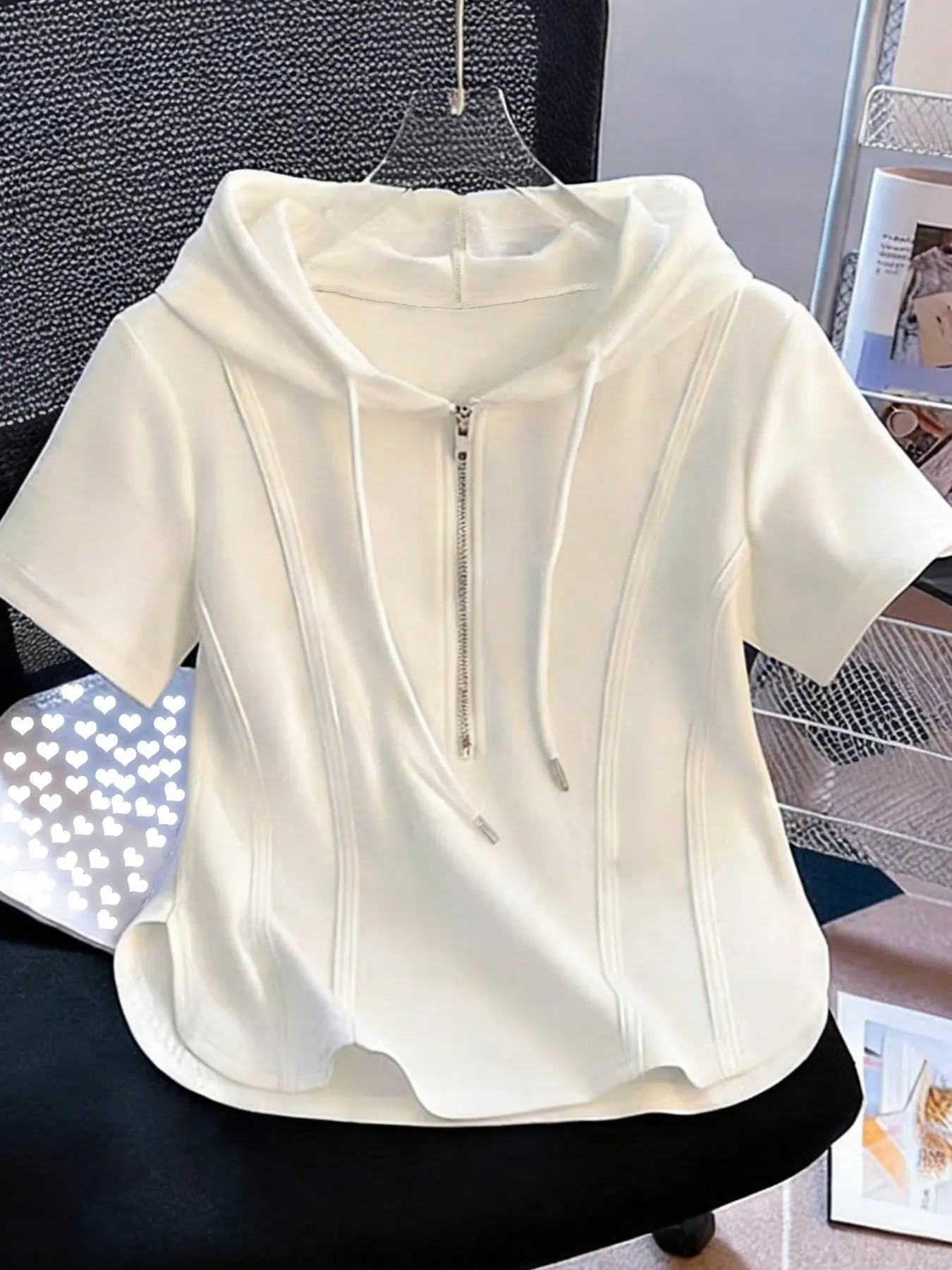 Summer New Trendy Fashion Pure Desire Basic Minimalist Casual Style Hooded Half-Zip Short Sleeve T-Shirt, Slim Fit Versatile Short Top, Slimming Upper Garment