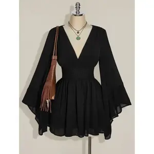 Plus-size V-neck ruched waist A-line dress with flare sleeves, boho hippie Y2K style, suitable for summer, nomadic vibe, summer vacation, music festival, graduation season back-to-school clothes, flowy casual fabric