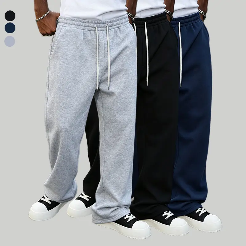 Men’s solid-color athletic sweatpants, 100% polyester fiber, suitable for all seasons with better performance in autumn and winter; straight-leg wide-waist street-style casual long pants, comfortable home sleepwear for autumn and winter, ideal for daily c