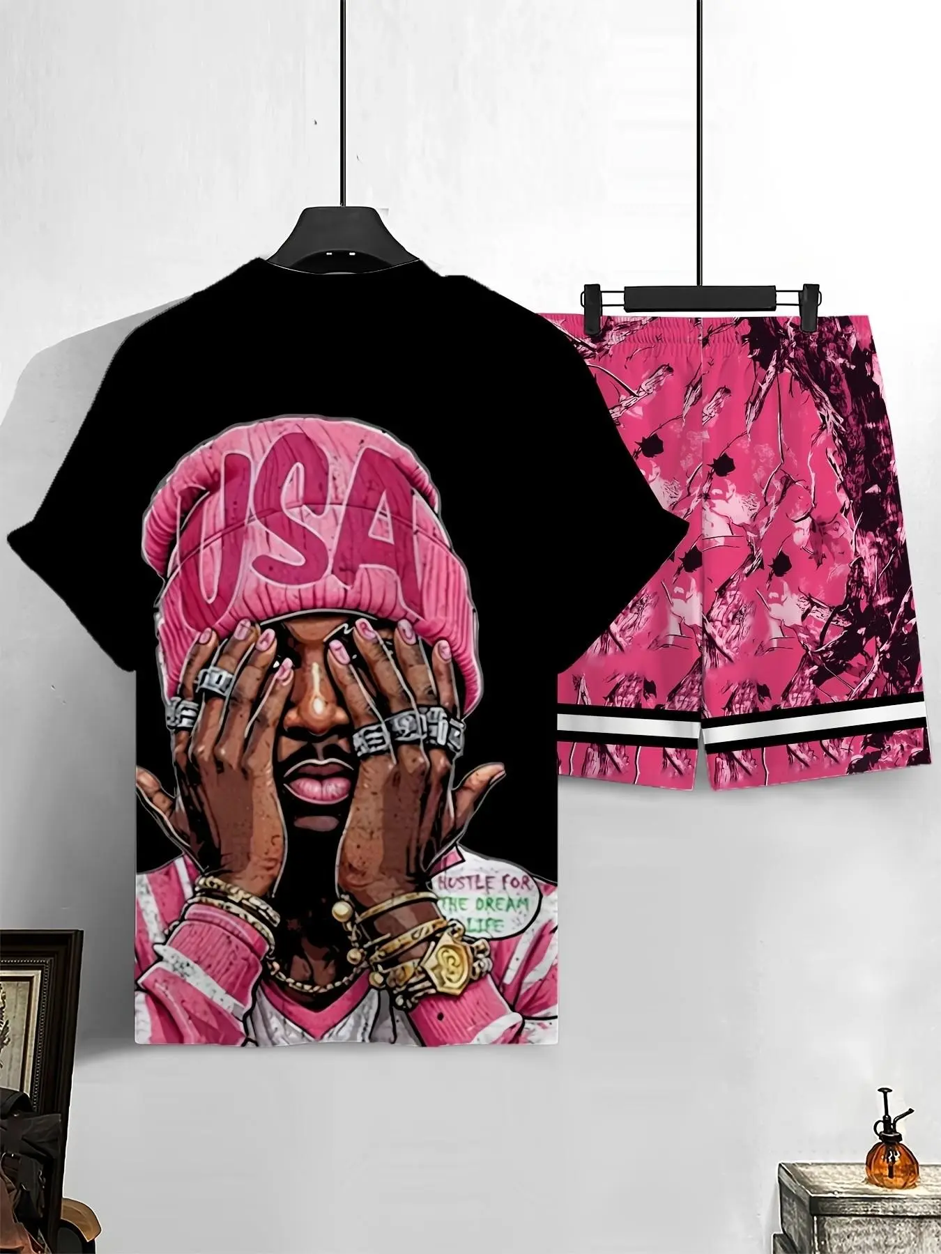 Men's Fashion Casual 2-Piece Set, Casual Matching Sets, Fitted Round Neck Short Sleeve T-Shirt & Belted Shorts, Breathable Polyester Fabric, Unique Cartoon Print, Menswear