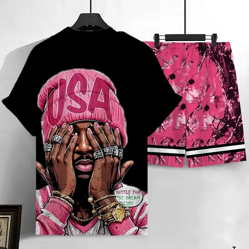 Men's Fashion Casual 2-Piece Set, Casual Matching Sets, Fitted Round Neck Short Sleeve T-Shirt & Belted Shorts, Breathable Polyester Fabric, Unique Cartoon Print, Menswear