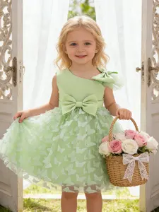 Baby Girl's Asymmetrical Neck Butterfly Appliques Bow Decor Tulle Formal Dress Cute Sleeveless Zipper A Line Dress for Party Infant Toddler Kids Clothes for All Seasons