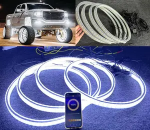 4PCS 17.5" Double Sided LED Wheel Lights for Trucks, 360° Ultra-Bright Triple Row Cold White Rim Lights Fits for 15.5" Brake Rotors, IP68 Waterproof App Control Wheel Ring Light Kit