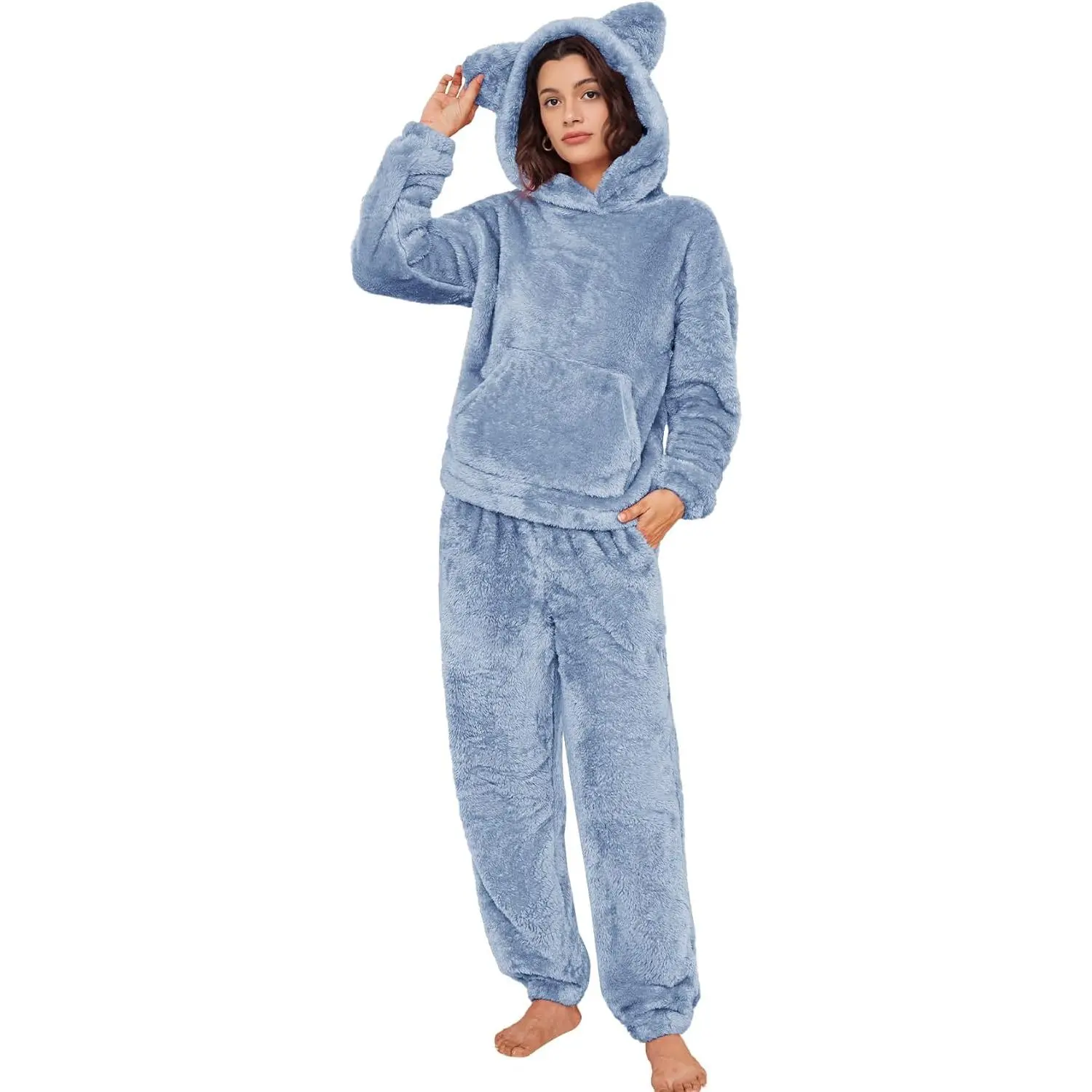 Women's 2-Piece Long Sleeve Fluffy Fleece Pajama Set, Fuzzy Bear Ear Hoodie Pullover & Plush Pockets Pants Loungewear Sleepwear