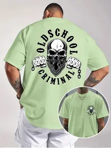 Men's Large Size T-Shirt, Printed Skull Chain Fist Gothic Font, Light with Stripe, Casual Fitted Streetwear