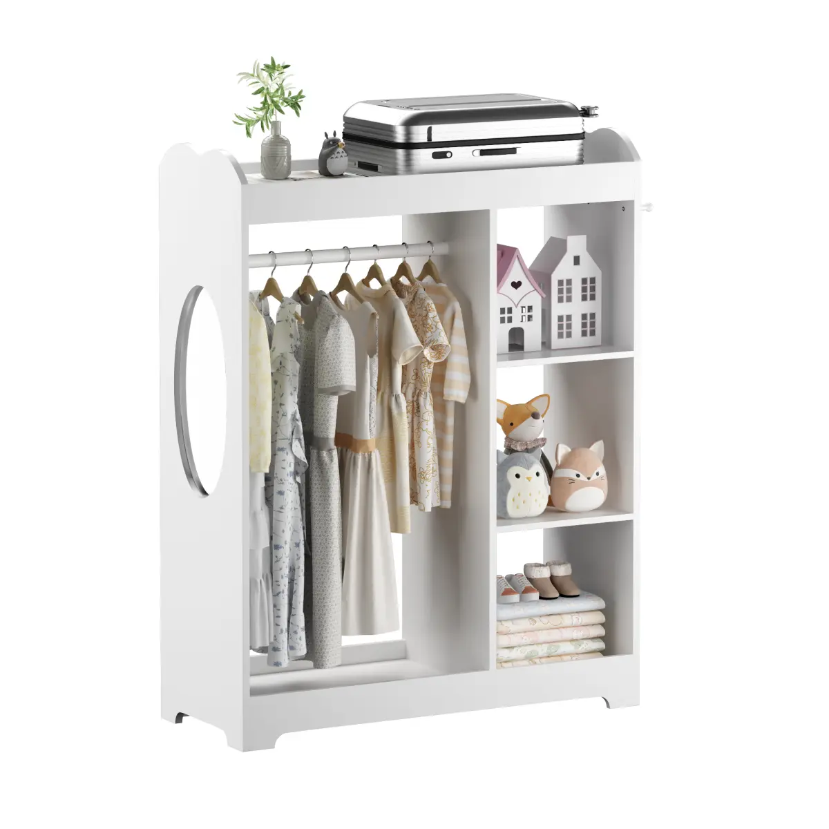 Kids' Mini MDF Wood Open Dress Up Storage Wardrobe - 40.79 lbs Children's Organization Cupboard with Full-Length Mirror, 3 Side Hooks, Shelves for Nursery, Bedroom (Wardrobe Ideas Included)