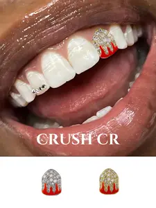 CRUSH CR 14K Gold Plated Iced Out Flame Single Tooth Grillz Paved with CZ Stones in Gold/Silver Option Perfect for women girls into hip hop concerts club nights edgy streetwear fits TikTok photoshoots Y2K aesthetic outfits streetwear unique dental jewelry