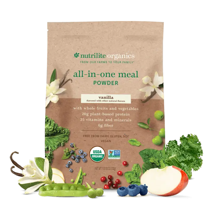 Nutrilite Organics All-in-One Meal Powder – Vanilla 15 Servings Vegan Protein Shake Mix with Fiber, Vitamins & Minerals