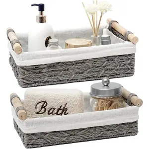 Set of 2 Grey Wicker Storage Baskets for Organizing, Storage Bins for Counter, Toilet Paper Storage for Toilet Tank Top