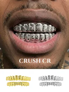 CRUSH CR 18K Gold Plated Engraved Daisy Flower Grillz Set for Men Women, 8-Teeth Top Bottom Full Coverage with Hand-Carved Floral Details, Hypoallergenic and Removable, Perfect for Hip Hop Concerts, Music Festivals, Club Nights Urban Street Style