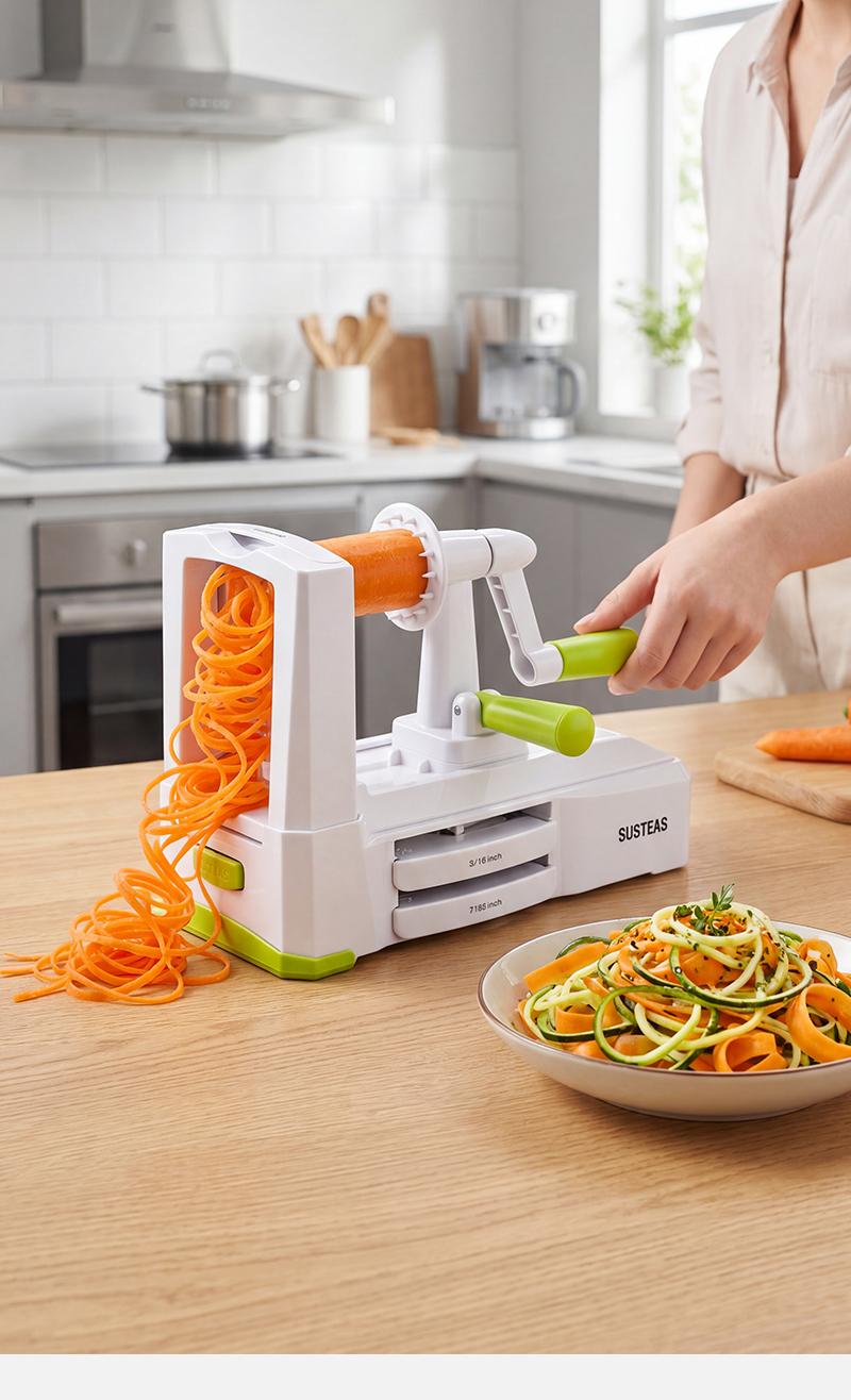 SUSTEAS Manual Vegetable Slicer Mandoline - 5 Replaceable Detachable Blades, Strong Suction Base, Smooth Hand Crank, 2/3/5/5.5mm Shreds/Wide Strips, Lightweight Durable, Safe Quick Even Cutting for Fruits, Veggies, Carrot, Cheese, Chocolate