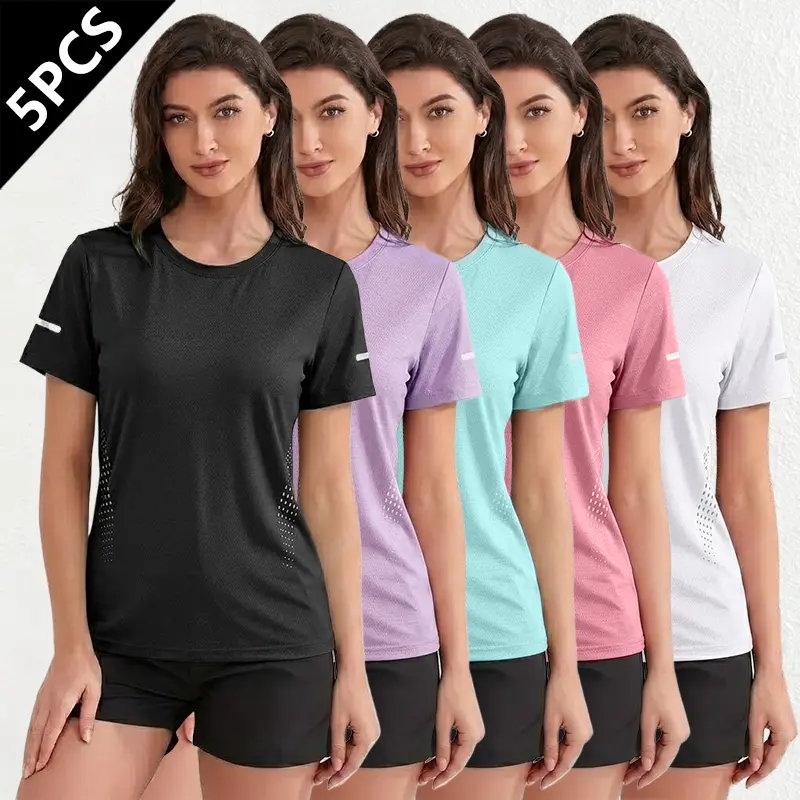 5-Pack Women’s Breathable Quick-Dry Short Sleeve T-Shirts – Moisture-wicking solid color sports tops with reflective stripes, suitable for fitness, running, outdoor training, and casual summer wear, featuring stretchy fabric
