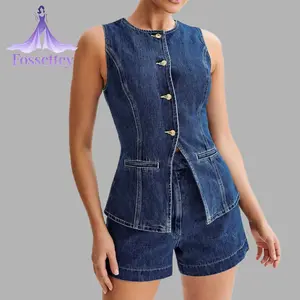 Women's Denim Long Vest Tops Button-up Back Slit Sleeveless Pocket Round Neck Waistcoat