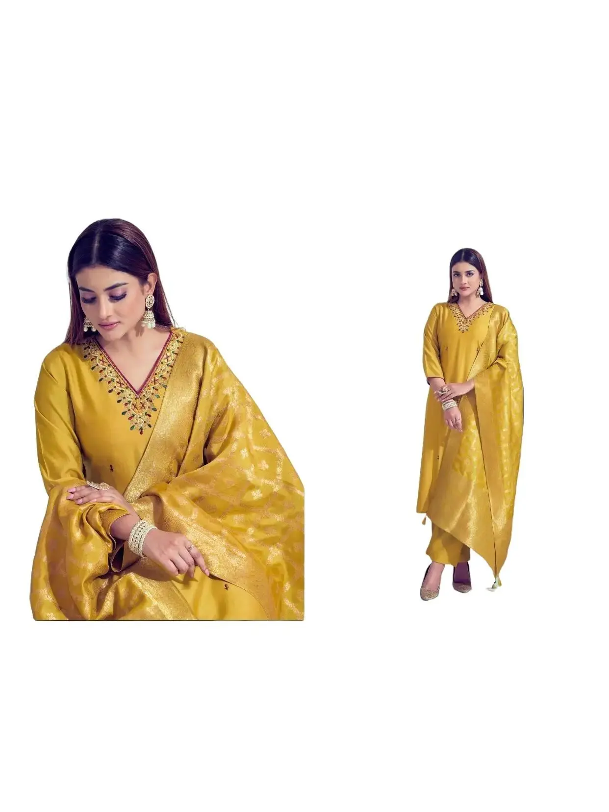 Ready-to-Wear Kurta Set for Women, Roman Silk Kurta with Mirror Embroidery, Pants & Viscose Banarasi Dupatta, Style