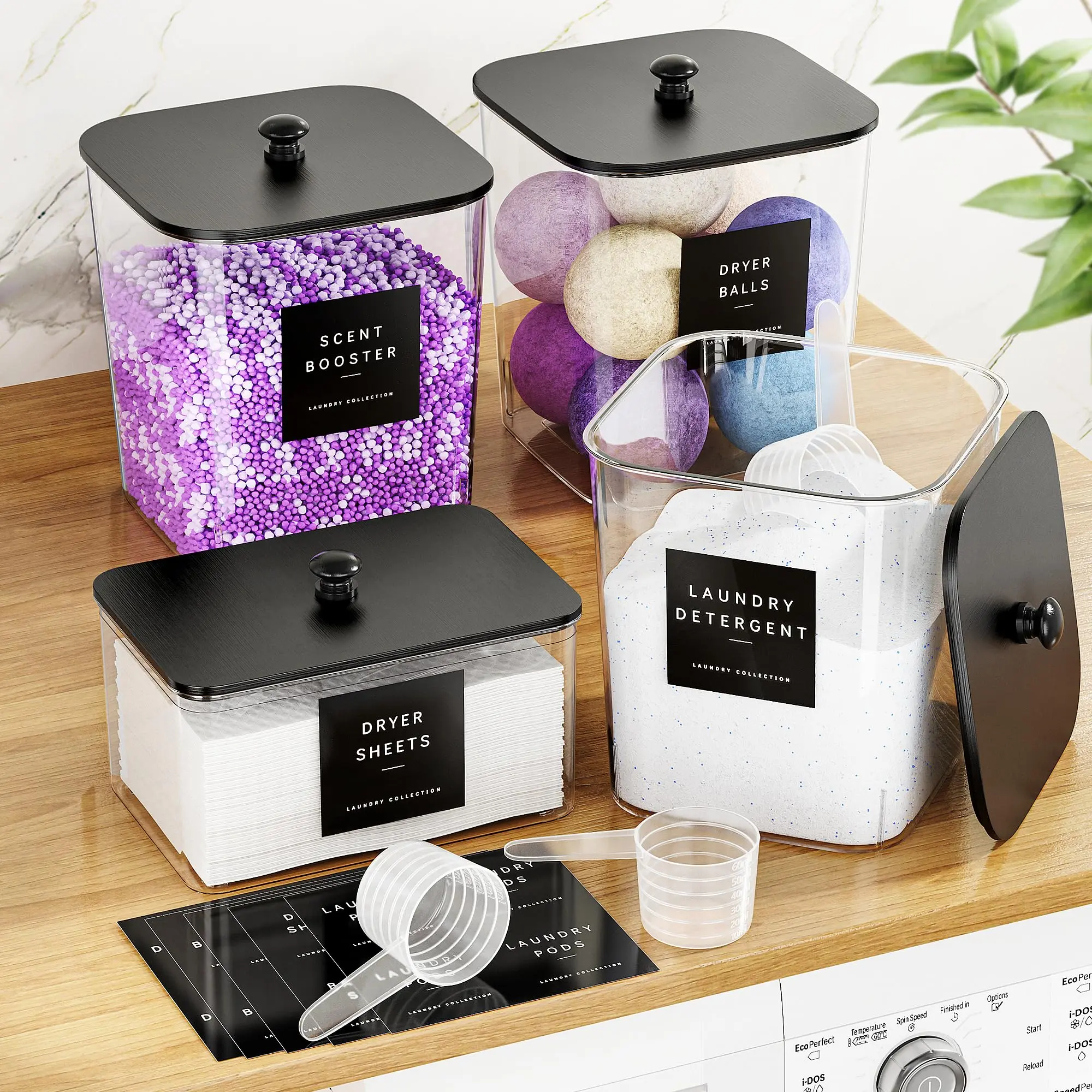 3+1 Pack Laundry Pods Container, Clear Laundry Room Organization Containers, Large Laundry Detergent Powder Storage Containers with Black Lids & Labels, Laundry Pods Holder for Scent Booster,dorm essentials,home decor