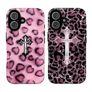 Trendy Pink Leopard Pattern Metallic Silver Cross Design Heavy Duty Tough Phone Case Shockproof Drop Protection Durable Hard Cover Aesthetic Gift for iPhone 11 12 13 14 15 16 17 Pro Max Plus