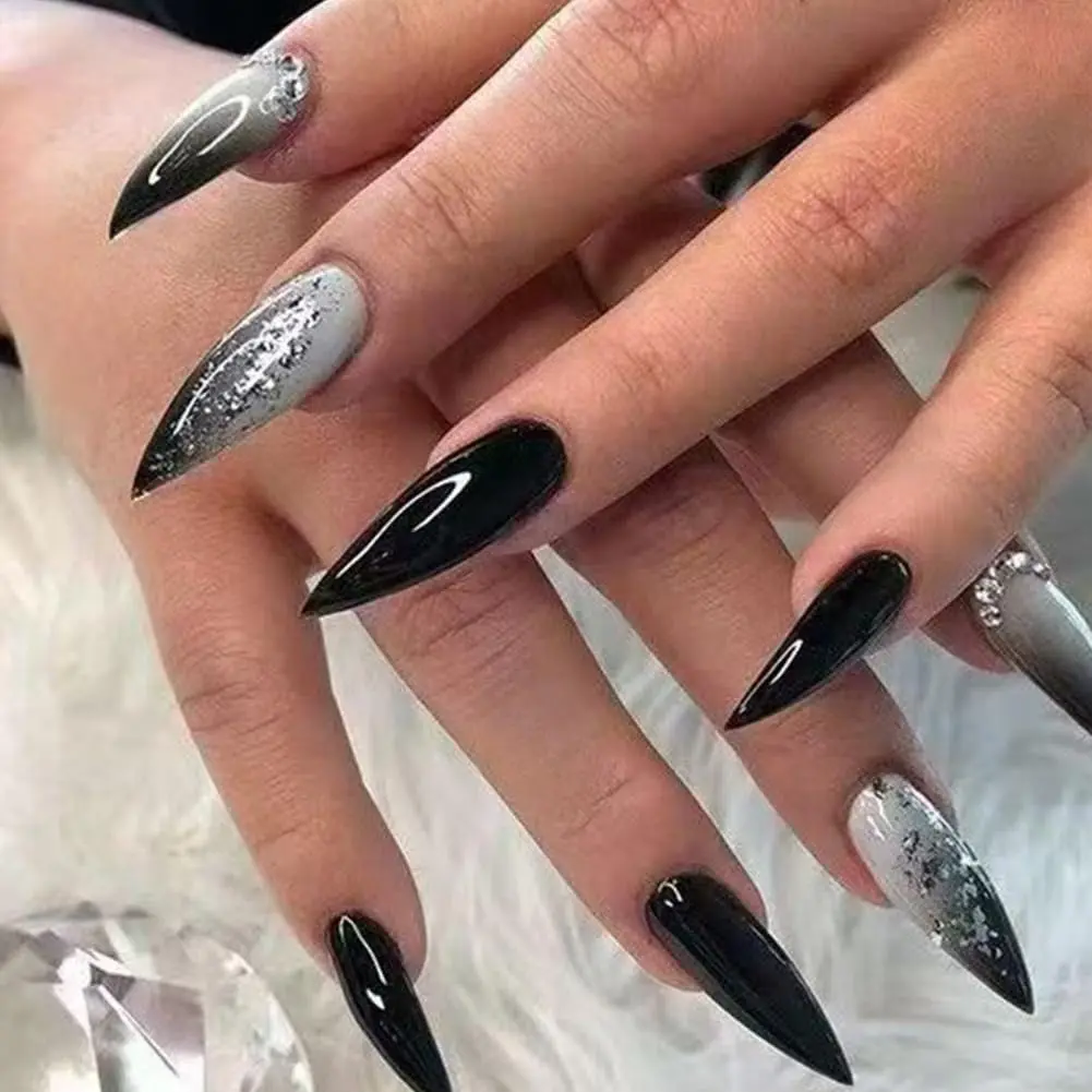 Long Almond Press On Nails Black Gray Ombre Glitter Diamonds Goth Full Cover Acrylic 24pcs Set sharp nail
