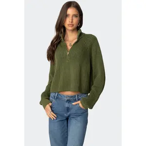 Cropped Rib Knit Half Zip Sweater