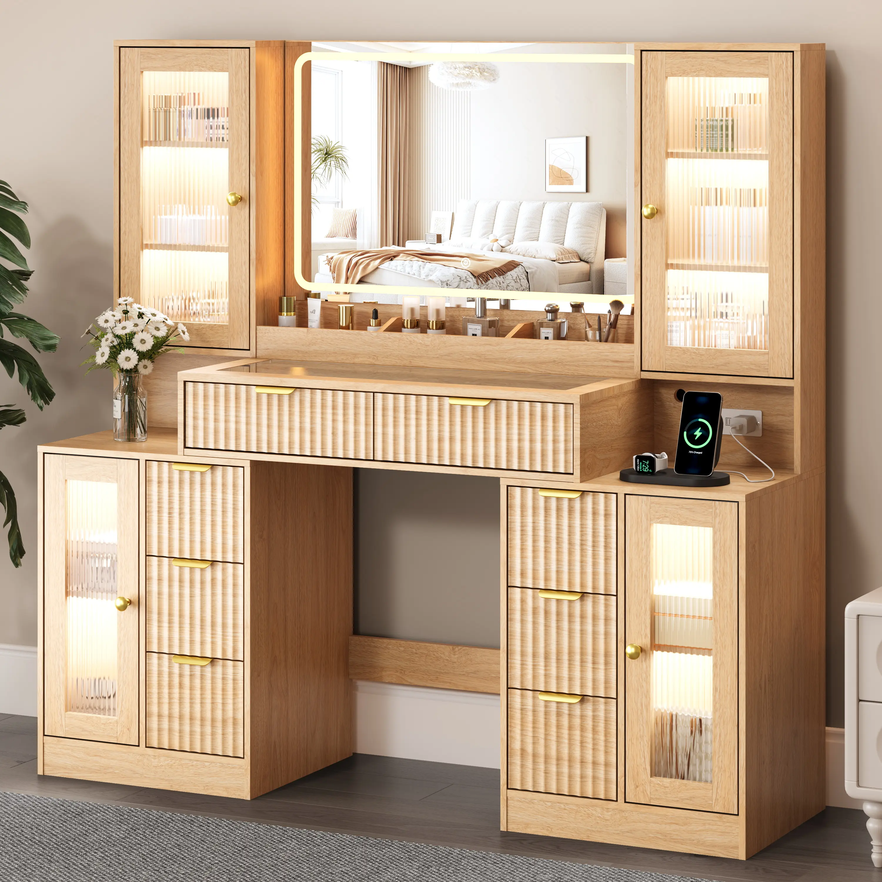 Fluted Makeup Vanity Desk with Mirror and Lights, 55" Glass Top Vanity with 8 Drawers & 4 RGB Glass Cabinets, Adjustable Shelves & Power Outlet, Modern Dressing Table for Women Girls Bedroom, Oak,dorm essentials,home decor