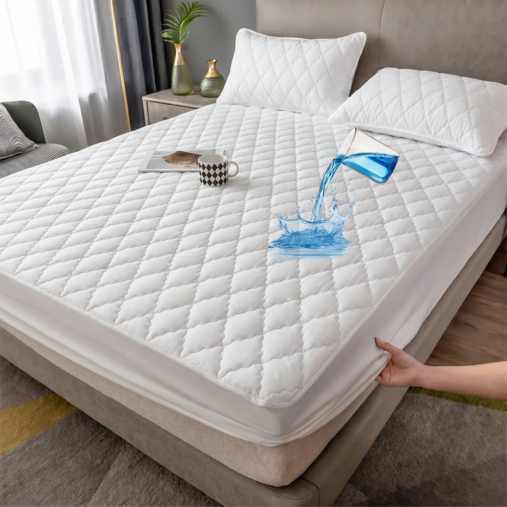Flat Weave Plaid Waterproof Mattress Protector with Pillowcases, King Size, 360° Deep Pocket Fitted Sheet, Non-Slip Elastic Design, Breathable, Easy On/Off, Clean, Hygienic, Easy-Clean Bedding for Seniors