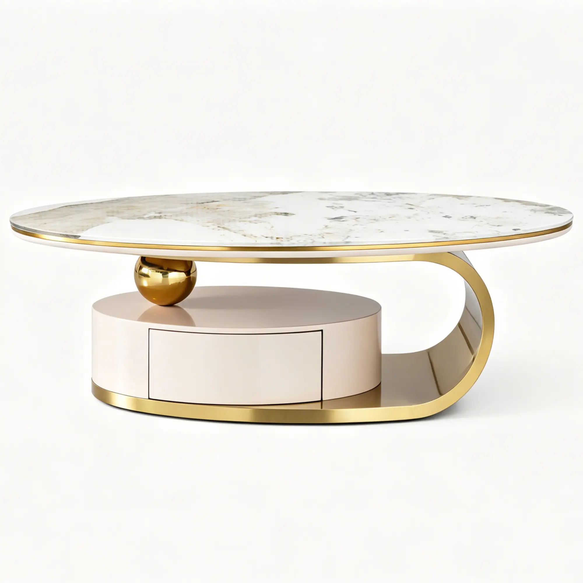 Modern Oval Coffee Table with Drawer, Marble Look Glass Surface Center Furniture with Gold Metal Pedestal Base, Luxury Living Room Storage Table, Minimalist Home Decor for Apartment, Office, Lounge Space, Easy Assembly and Daily Cleaning