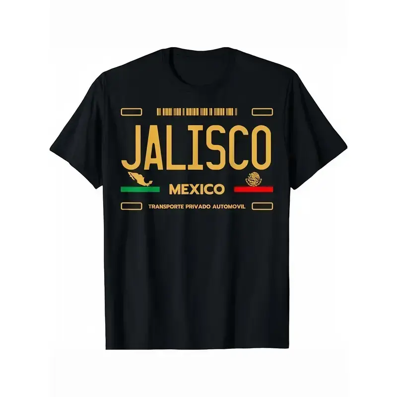 Men's 100% Cotton Jalisco Mexico T-Shirt - Menswear Classic Round Neck Shortsleeve Top, 180g Fabric, Black Tee with Bold "JALISCO" Print & Mexican Flag Design for Summer Casual Attire, Soft, Tshirt, Unisex, Eagle And Mexican Flag Motif Men's Short-Sleeve,
