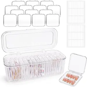 Press On Nail Orgnizer 14 PCS Clear Press On Nail Storage Boxes and 1 Big Storage box with 60 Pcs Adhesive Double Sided Tape,Press On Nail Packaging for Fake Nail Storage Nail Display Nail Salon.