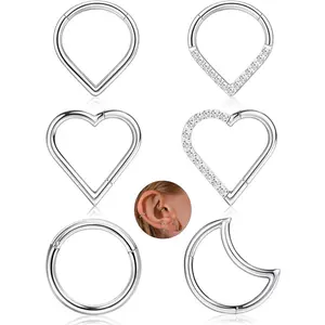 FLORIDECO 6 Pcs Surgical Steel Daith Piercing Jewelry Gold for Women Men Hypoallergenic Cartilage Nose Conch Rook Tragus Helix Hoop Piercing Jewelry CZ Moon Heart Teardrop Seamless Hinged Clicker Septum Rings 16G Cubic Zirconia, Unisex, Seamless Hoop,summ