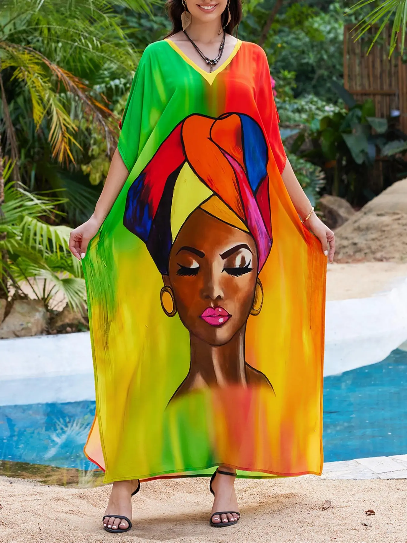 [Plus Size] Multicolor Abstract Figure Print Kaftan Dress, Casual Long Sleeve Beachwear Cover Up Dress for Summer, Women's Casual Wear for Beach Holiday Vacation, Bohemian Summer Dresses