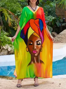 【plus Size】 Abstract Figure Print Kaftan Dress, Casual Chic Long Sleeve Cover Up Dress for Summer, Modesty Women's Clothes for Beach Holiday Vacation, Boho Caftan, Ethnic Print Kaftan, Beach Kaftans