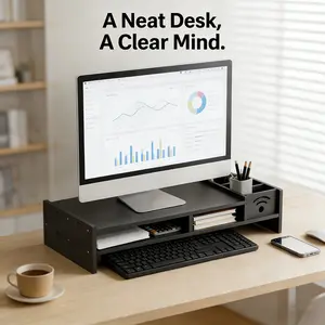 1 piece Black Monitor Riser Desk Organizer with Pen Holder Storage Compartment Computer Stand for Office Student Keyboard Tidy Rack
