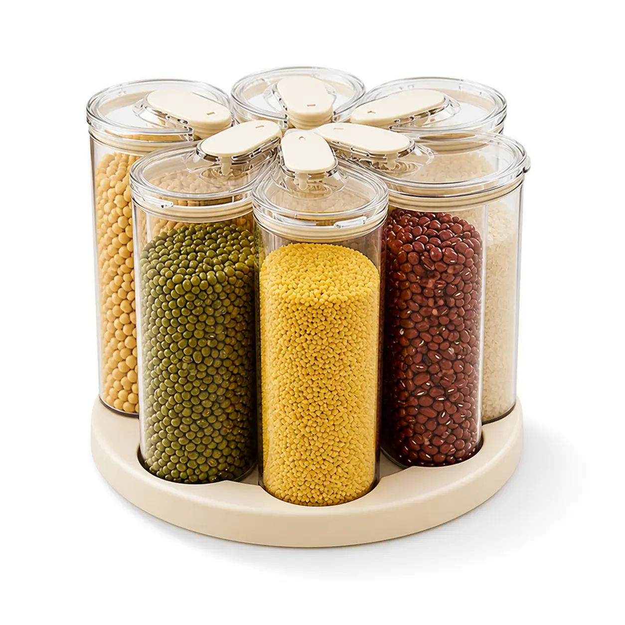 6-Piece Rotating Grain Storage Container Set, Pantry Organizer for Rice, Beans, Cereal and Dry Foods, Space-Saving Moisture-Resistant Storage Jars with Carousel Base