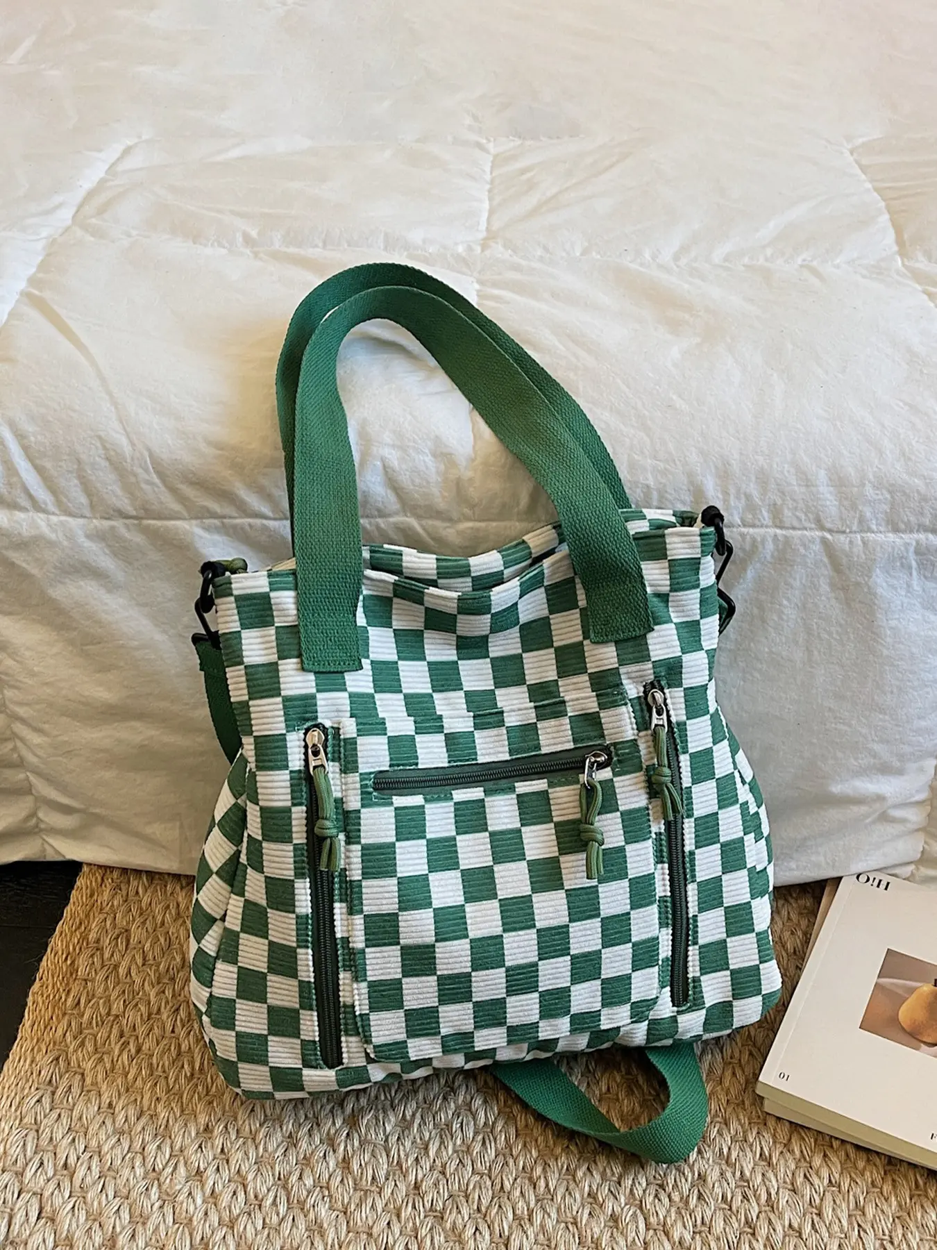1pc Ladies' large capacity detachable shoulder strap crossbody bag, Checked crossbody bag, Checkered pattern bag, corduroy tote bag, vintage plaid shoulder bag, multi pocket zipper commuting bag, suitable for school, daily use, shopping