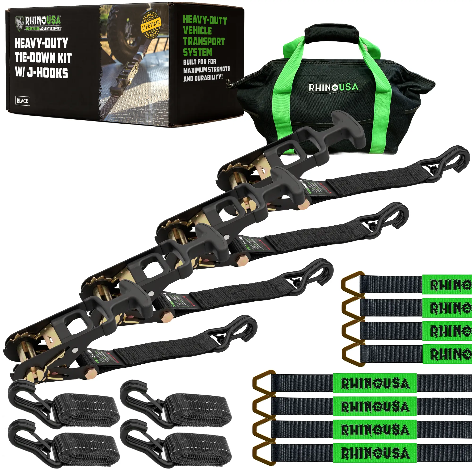 Rhino USA Car Tie Down Straps for Trailers with J Hooks (4-Pack) – 2"x8' (10,000lb Break Strength) – Heavy Duty Car Hauler Tire Straps with Axle Straps for UTV, Powersports & More