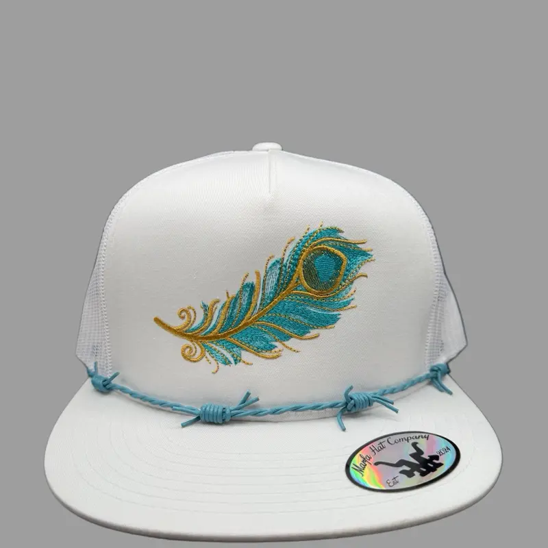 Marfa Peacock Feather Hat - Trucker Style with Teal and Gold Embroidered Feather Design
