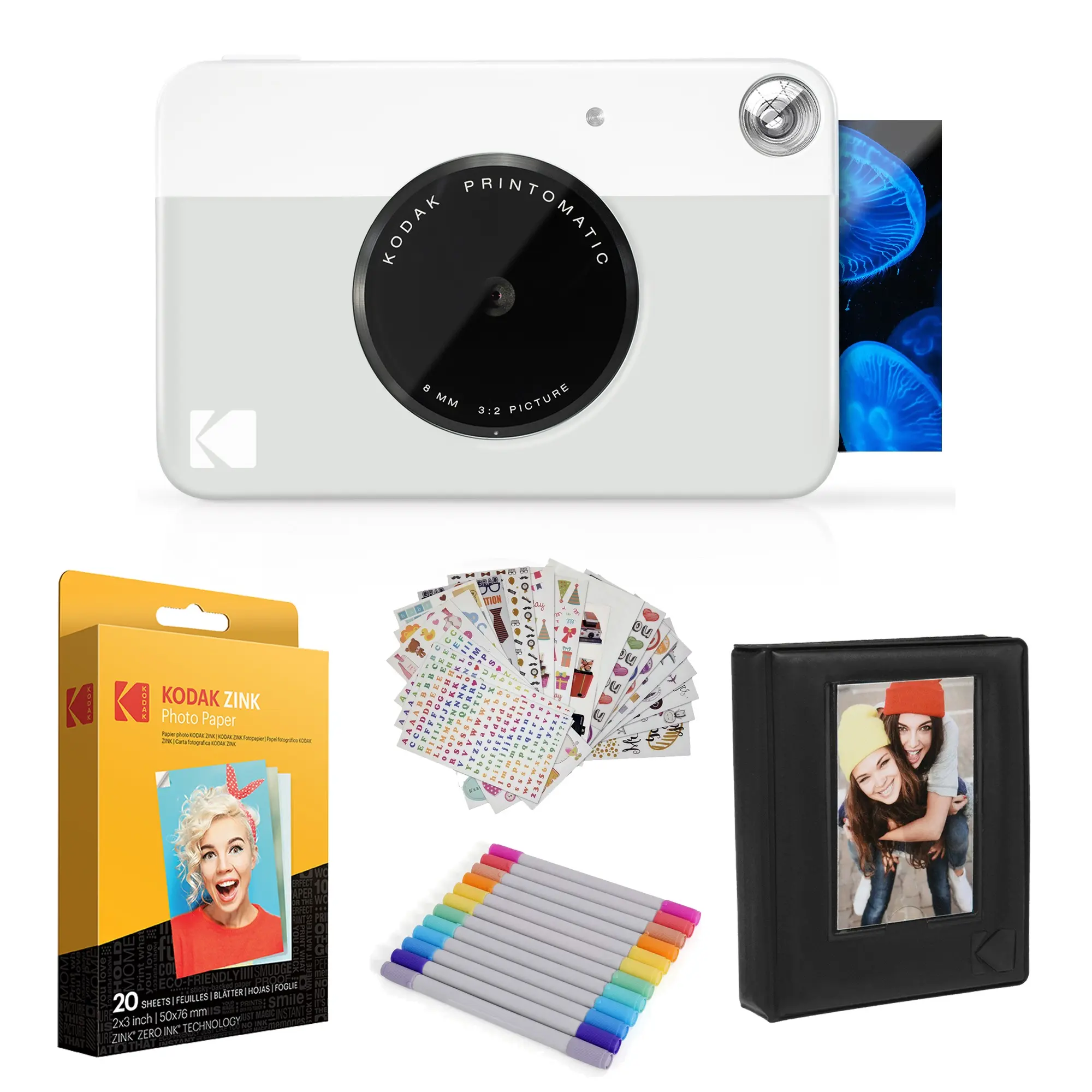 Kodak Portable Mini Printomatic Instant Print Camera (Grey) with 20 Sheets Photo Paper, Lens, Picture-Capturing Photographic Kit & Accessories Gift Bundle