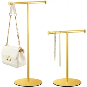 2 Pack T Bar Purse Display Stand Tabletop: Adjustable Height Handbag Holder, Countertop Hanging Rack for Long Necklace Scarf Lanyard,