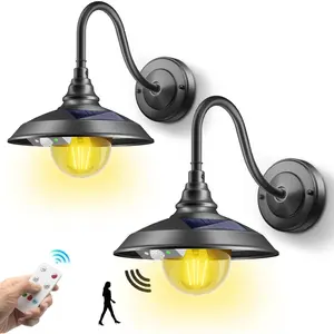 Solar Barn Light Outdoor 3 Modes 2 Lighting,   Farmhouse Gooseneck Wall Light  with Remote & Motion Sensor for Barn Garage Shed Porch Chicken Coop Black (2 Pack)