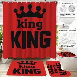 1/4Pcs Red Black King Crown Shower Curtain Set, 71×71 Inch Curtain with 12 Hooks, Toilet Lid Cover, Rectangular Mat & U-Shaped Non-Slip Mat, Bold Letter Masculine Bathroom Decor