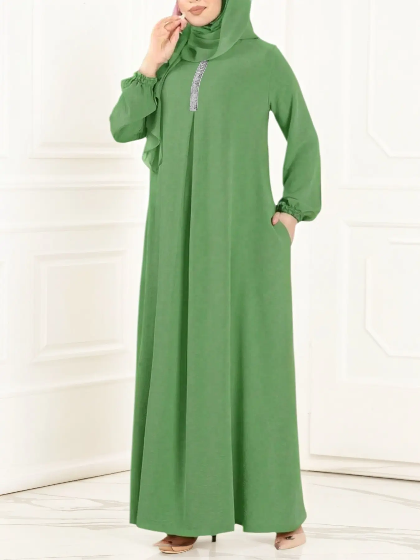 Women's Plain Round Neck Lantern Sleeve Casual Islamic Abaya Dress, Loose-Fit Woven Fabric, All-Season Fashion, Modest Style, Moderate Thickening, Loose Abayas, Modest Muslim Outfits, Modesty Abaya For Muslim, Muslim Clothing, Islamic Modesty Clothes